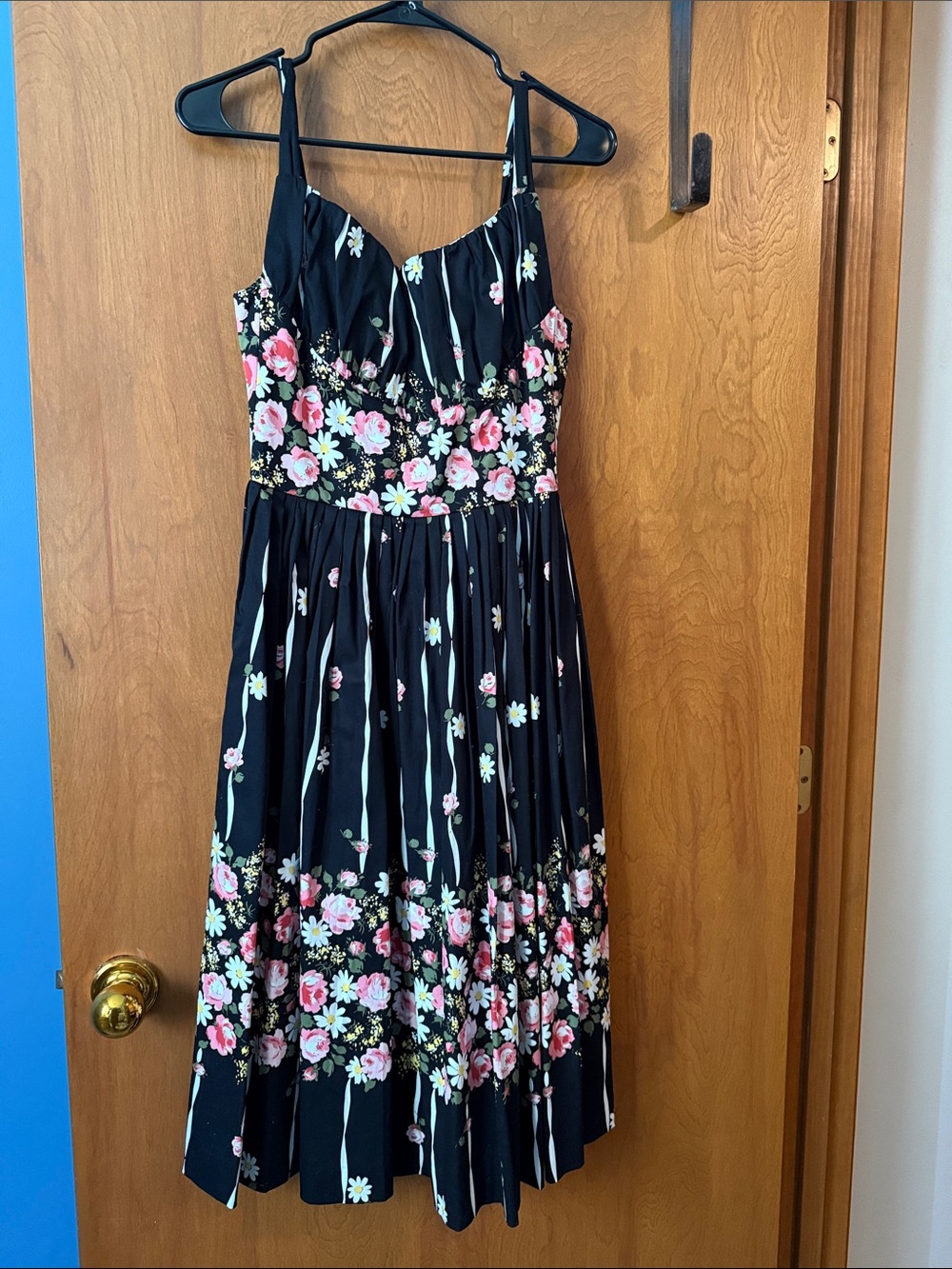 Black Floral Midi Dress with Pink & White Flowers